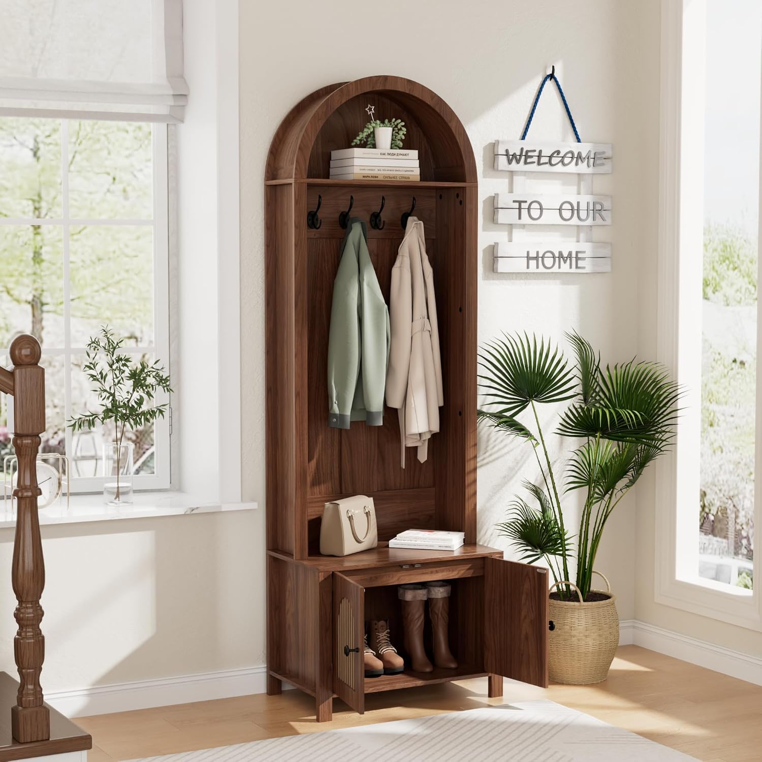 Hall Tree with Bench and Shoe Storage, Entryway Storage Bench with Coat Rack