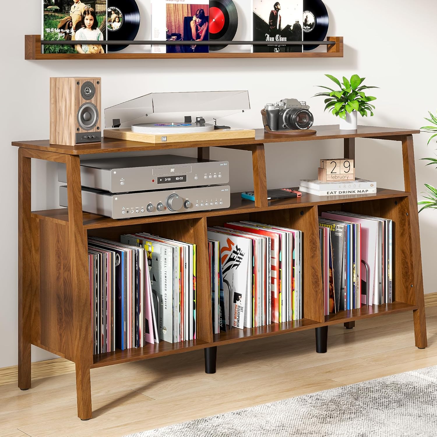 Large Record Player Stand, Mid Century Turntable Stand Table with Open Storage Holds up to 450 Albums