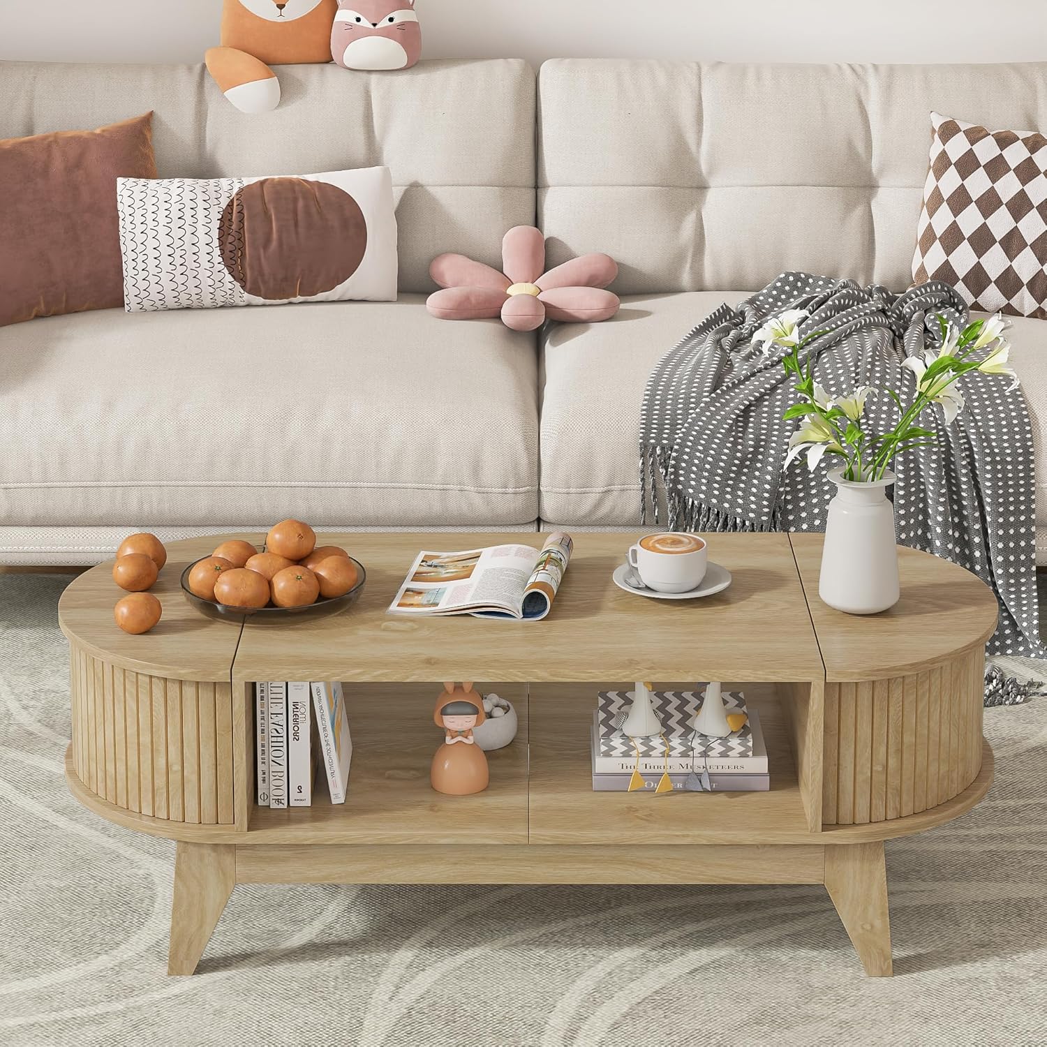 Coffee Table with 2 Hidden Storage, Mid Century Modern Coffee Table with Fluted Finish