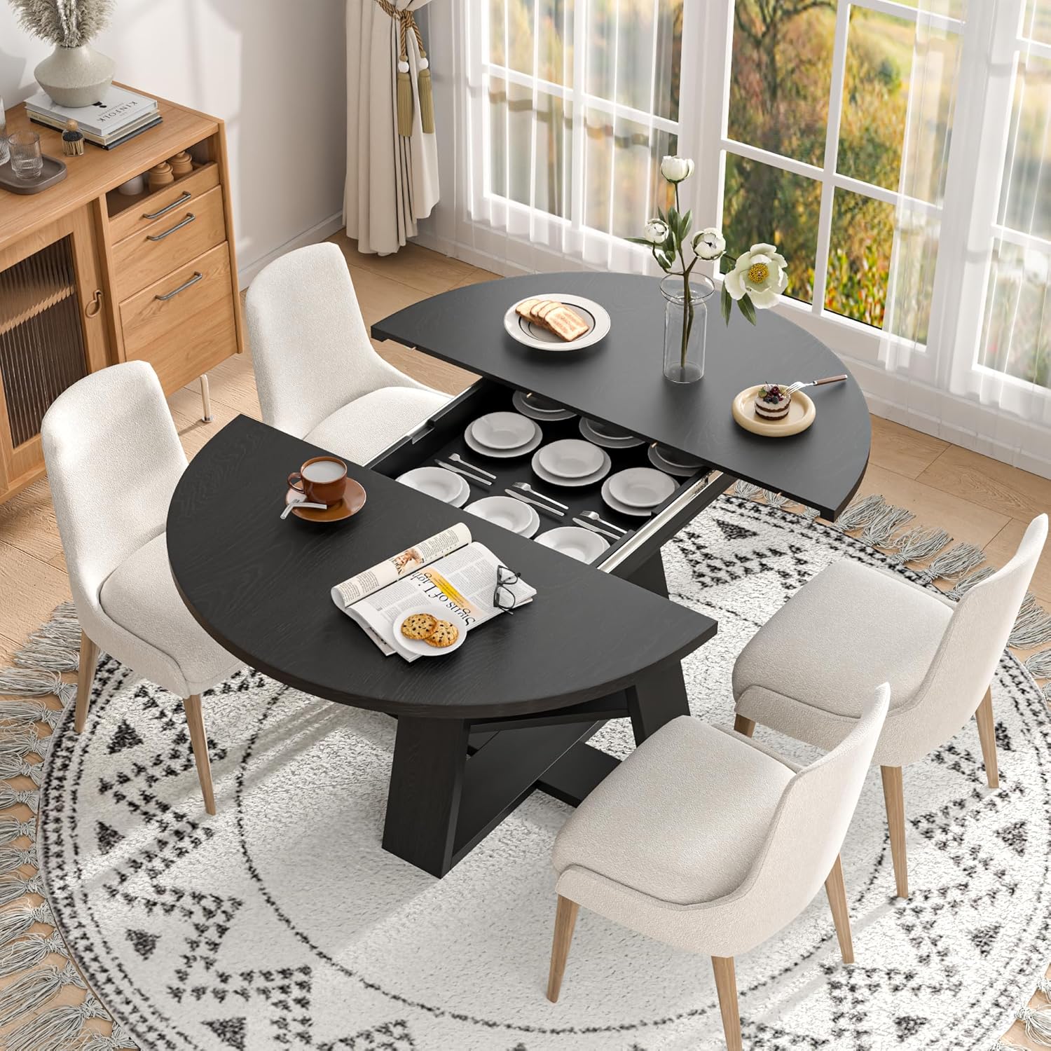 43.3in-59in Extendable Round Dining Table for 4-8,Modern Kitchen Oval Dining Table with Removable Leaves Space Saving