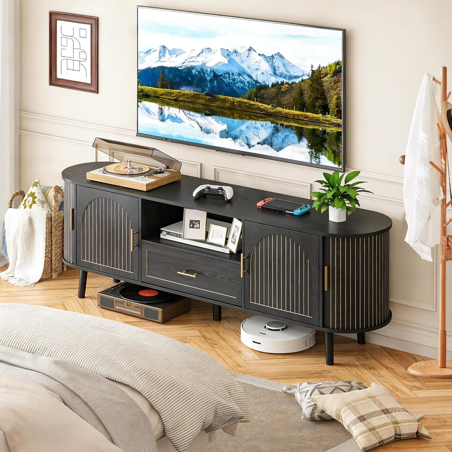 70" Fluted TV Stand for Tvs up to 80", Mid-Century Modern Entertainment Center with Drawers and Fluted Doors