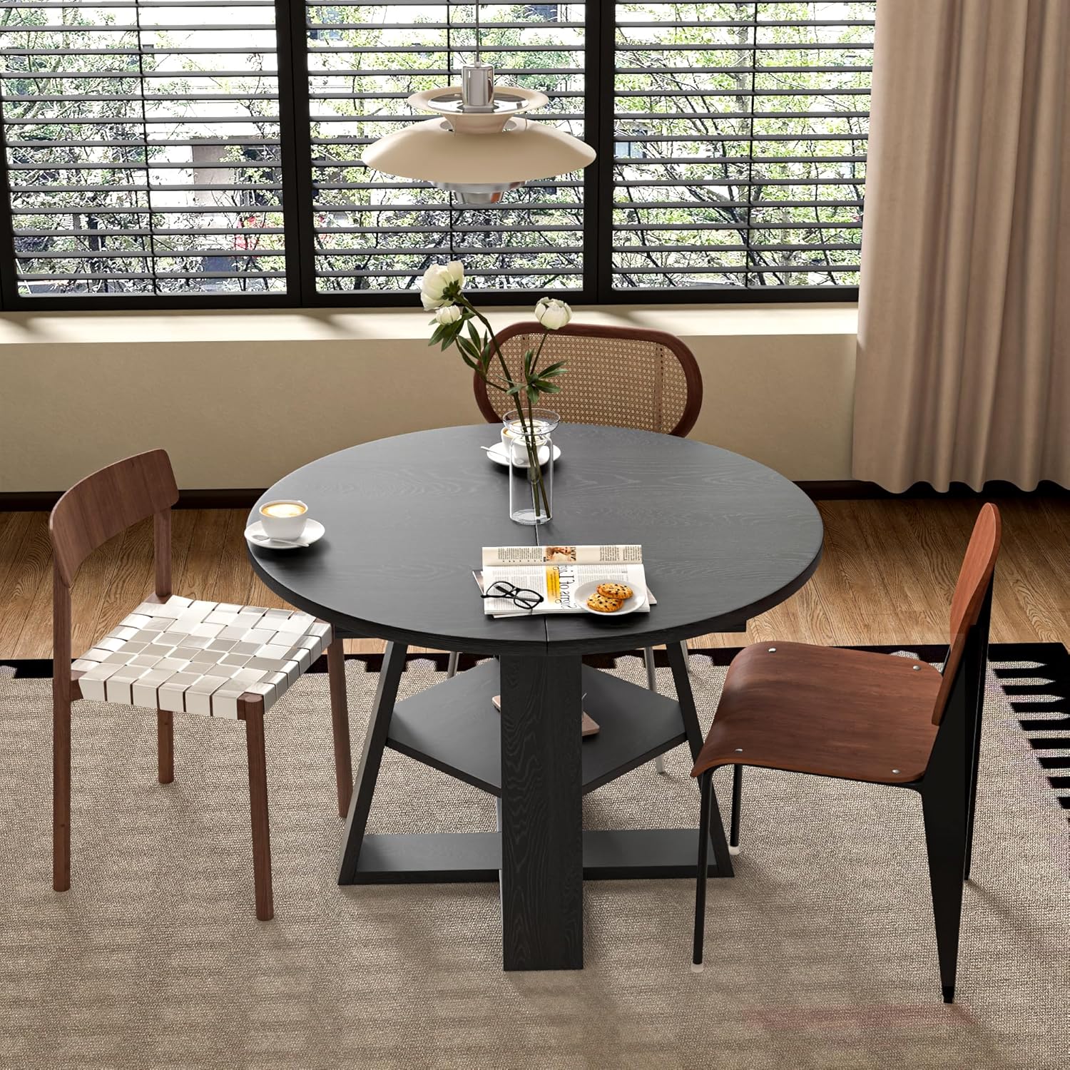 43.3in-59in Extendable Round Dining Table for 4-8,Modern Kitchen Oval Dining Table with Removable Leaves Space Saving
