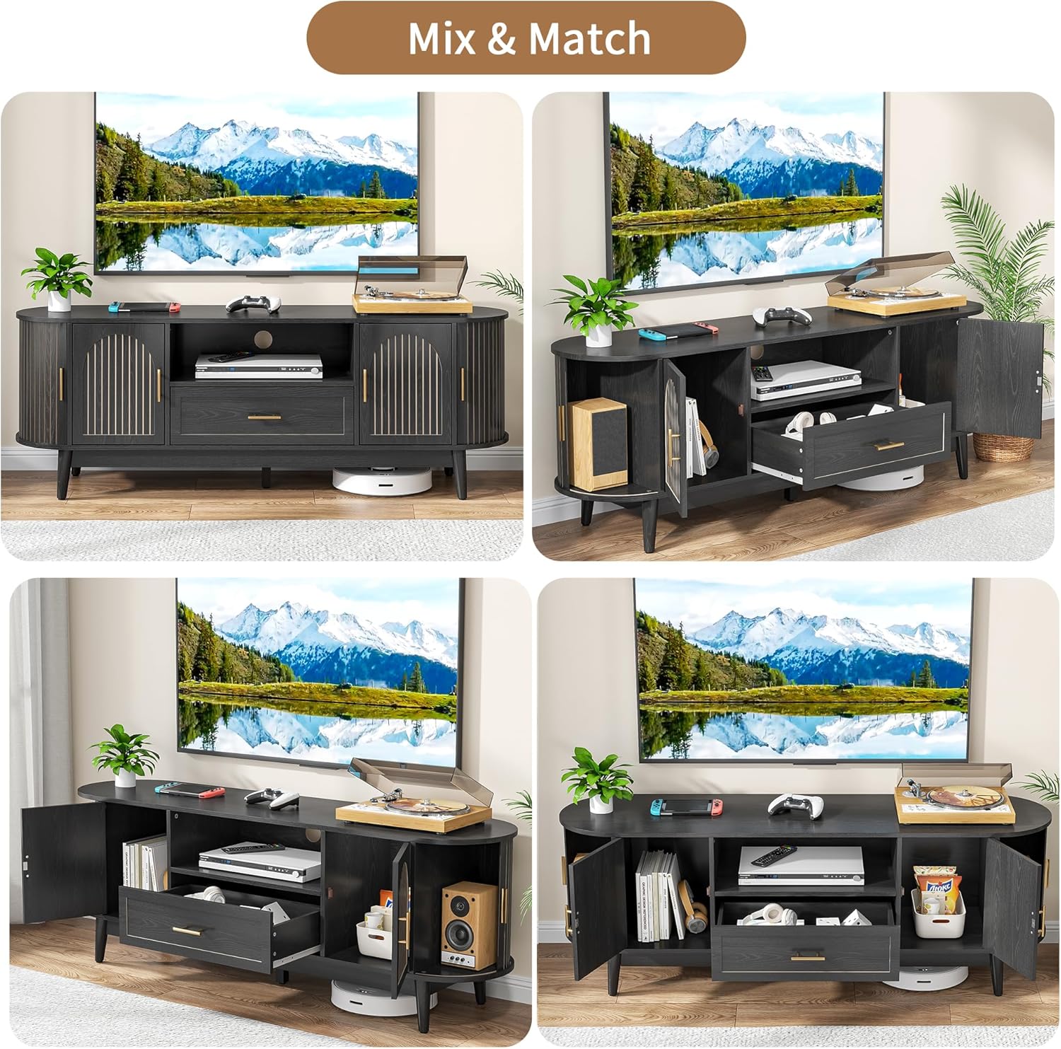 63" Fluted TV Stand for Tvs up to 70", Mid-Century Modern Entertainment Center with Drawers and Fluted Doors