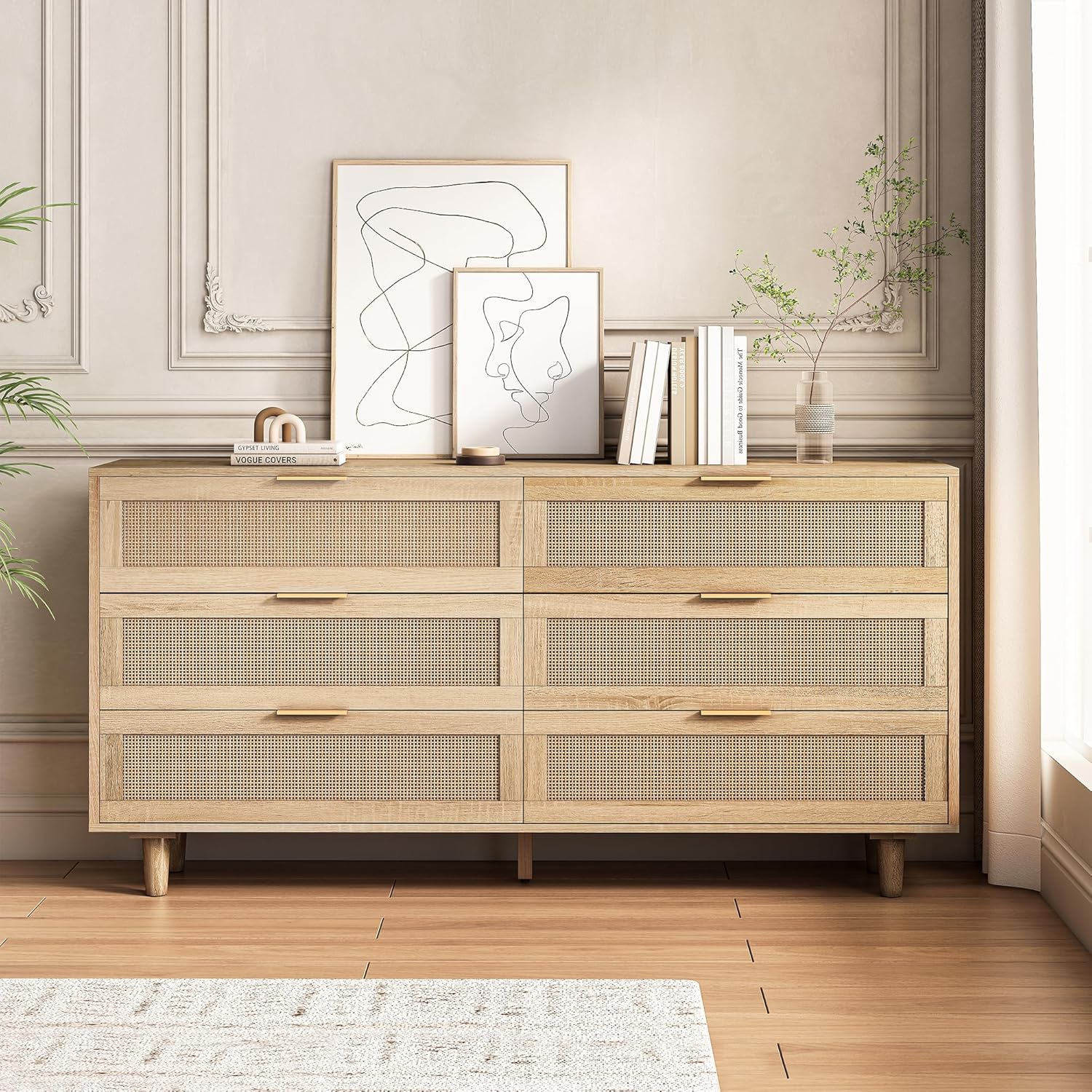 6 Drawer Dresser for Bedroom, Modern Rattan 6 Drawer Double Dresser with Gold Handles
