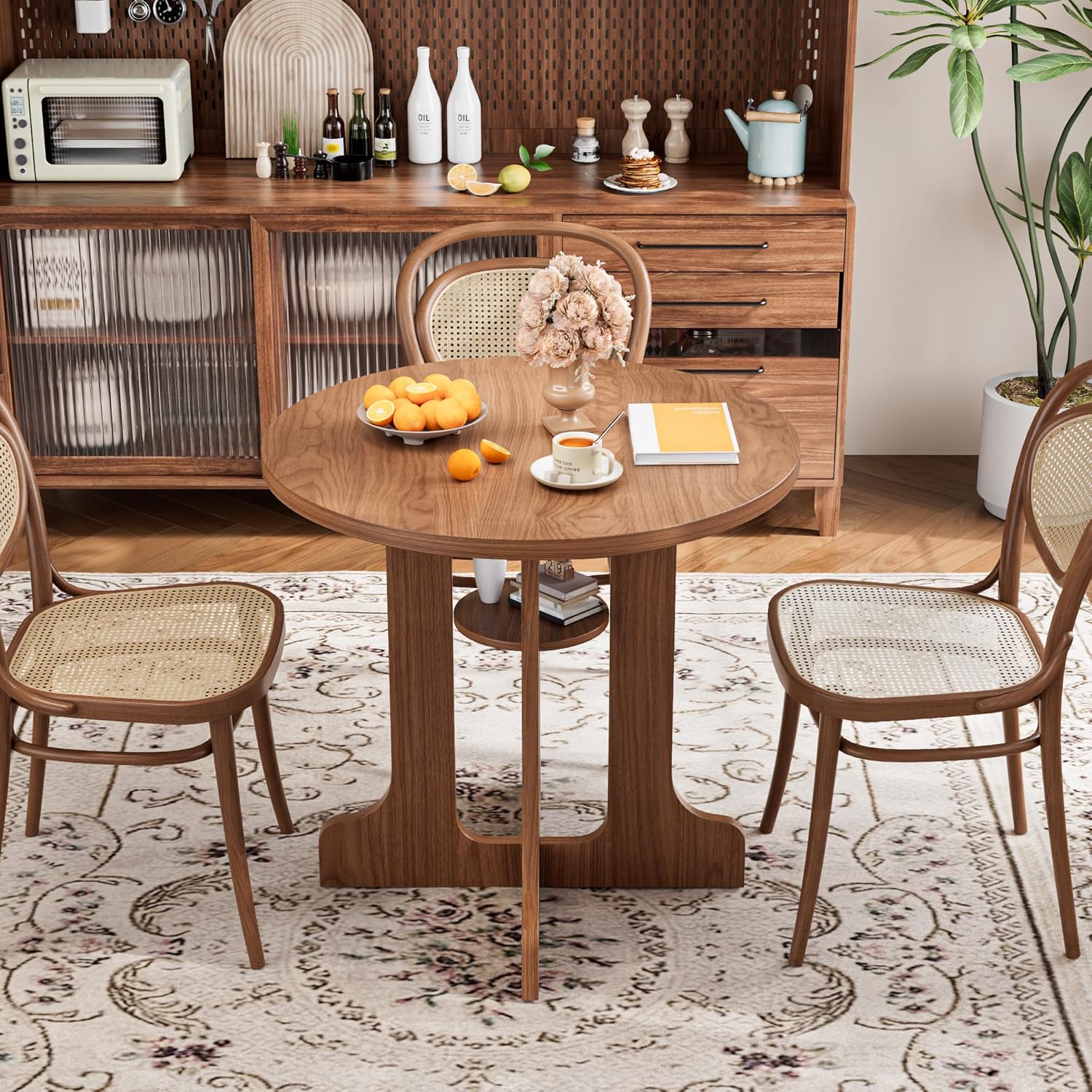 31.5 Inch Round Dining Table, Modern Small Kitchen Table for 2-4, Wooden Dining Room Table Base with Storage Shelf