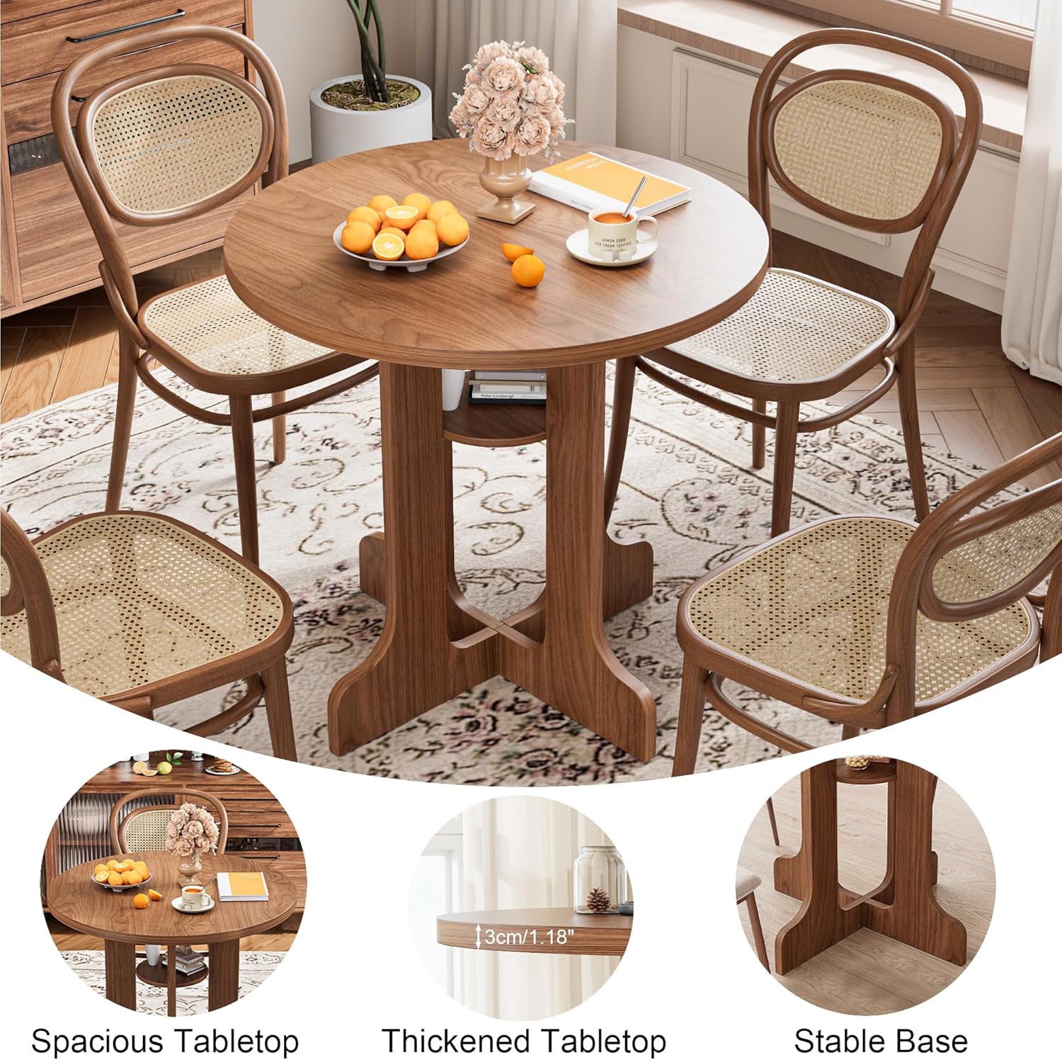 31.5 Inch Round Dining Table, Modern Small Kitchen Table for 2-4, Wooden Dining Room Table Base with Storage Shelf