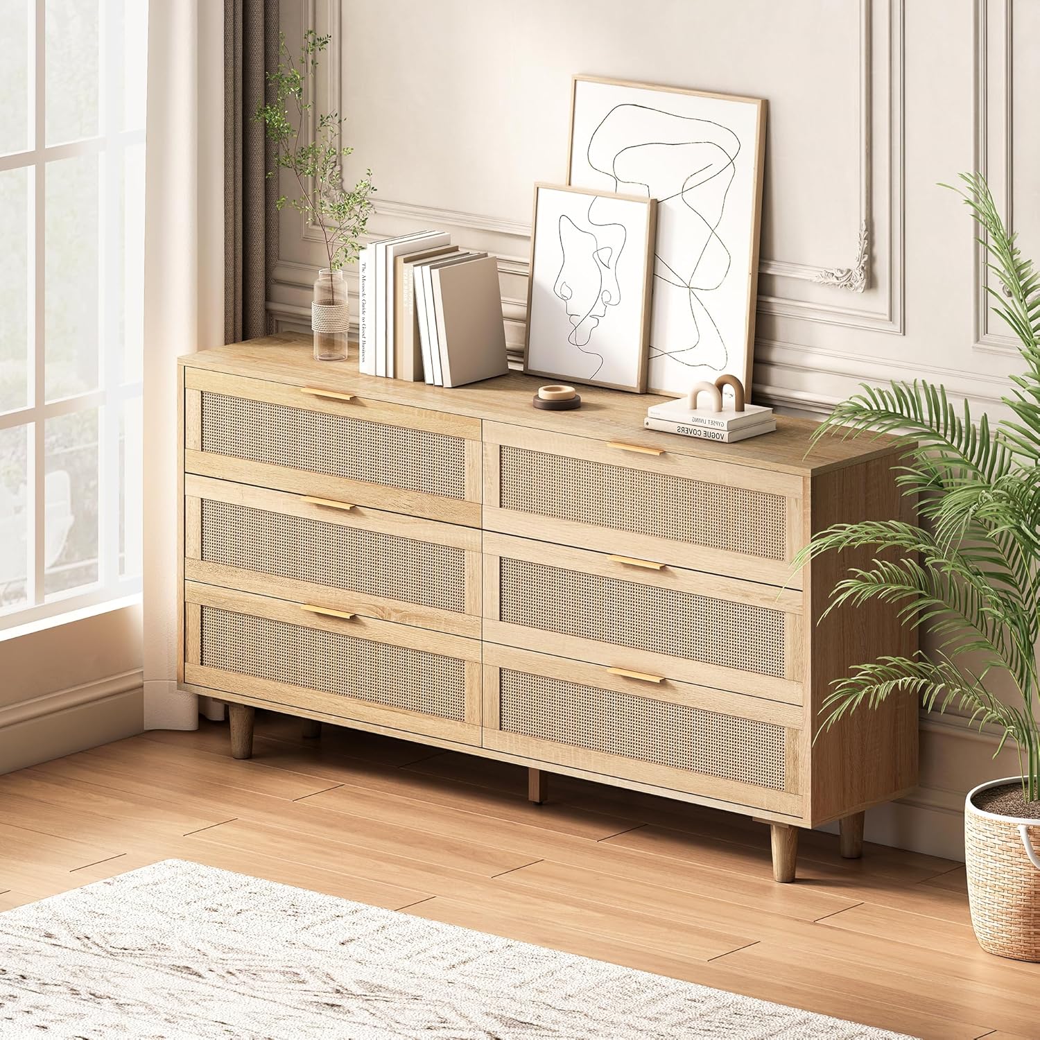 6 Drawer Dresser for Bedroom, Modern Rattan 6 Drawer Double Dresser with Gold Handles