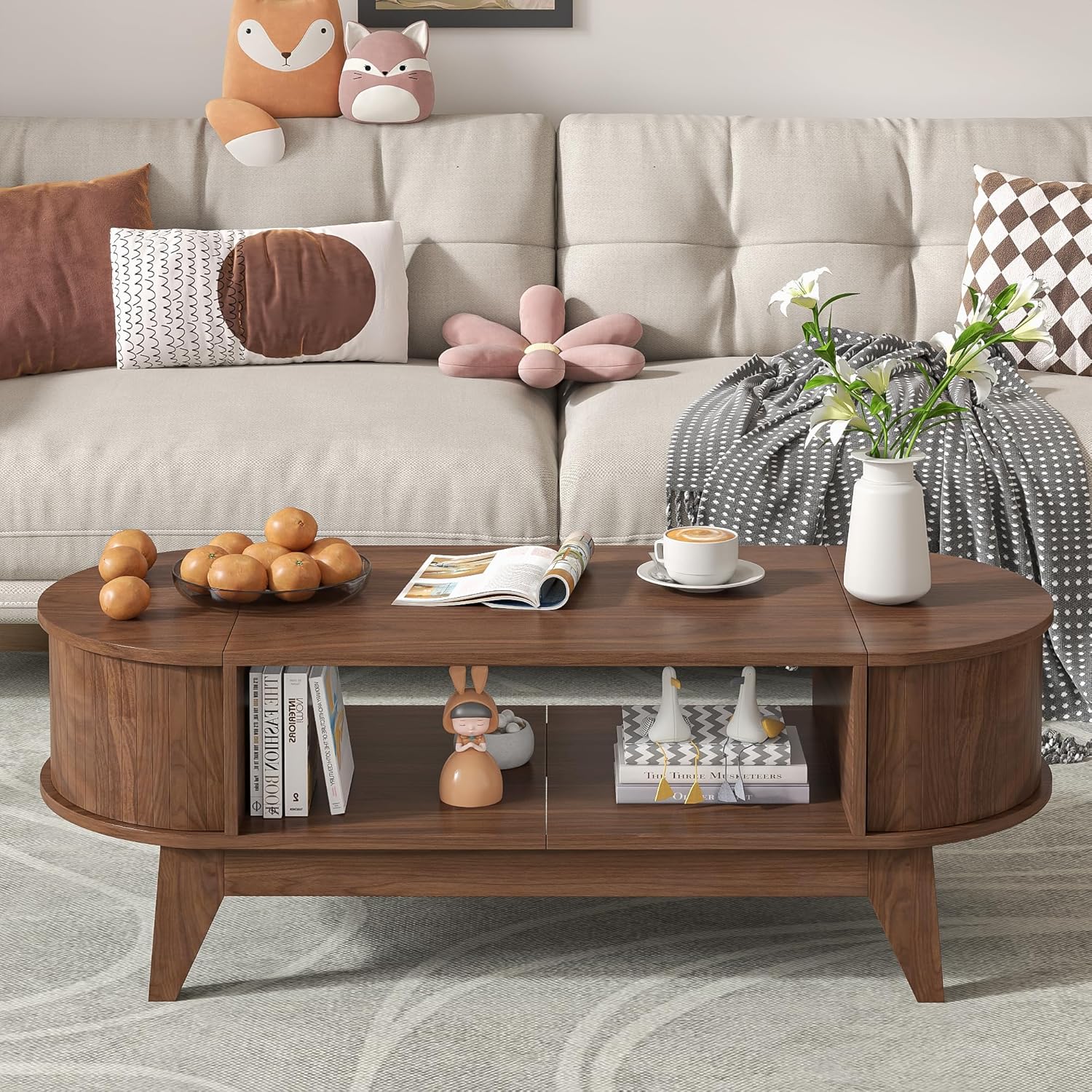 Coffee Table with 2 Hidden Storage, Mid Century Modern Coffee Table with Fluted Finish