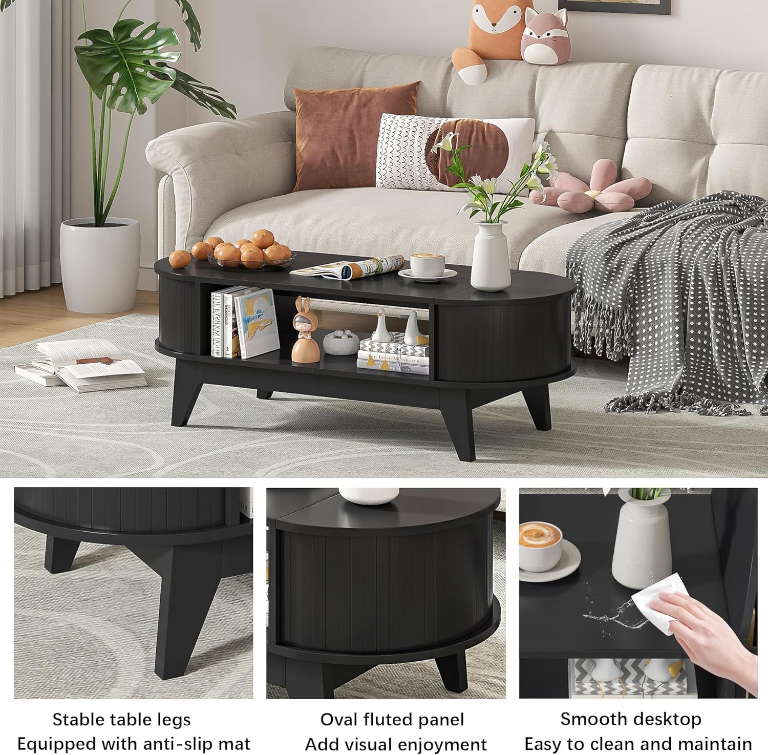 Coffee Table with 2 Hidden Storage, Mid Century Modern Coffee Table with Fluted Finish