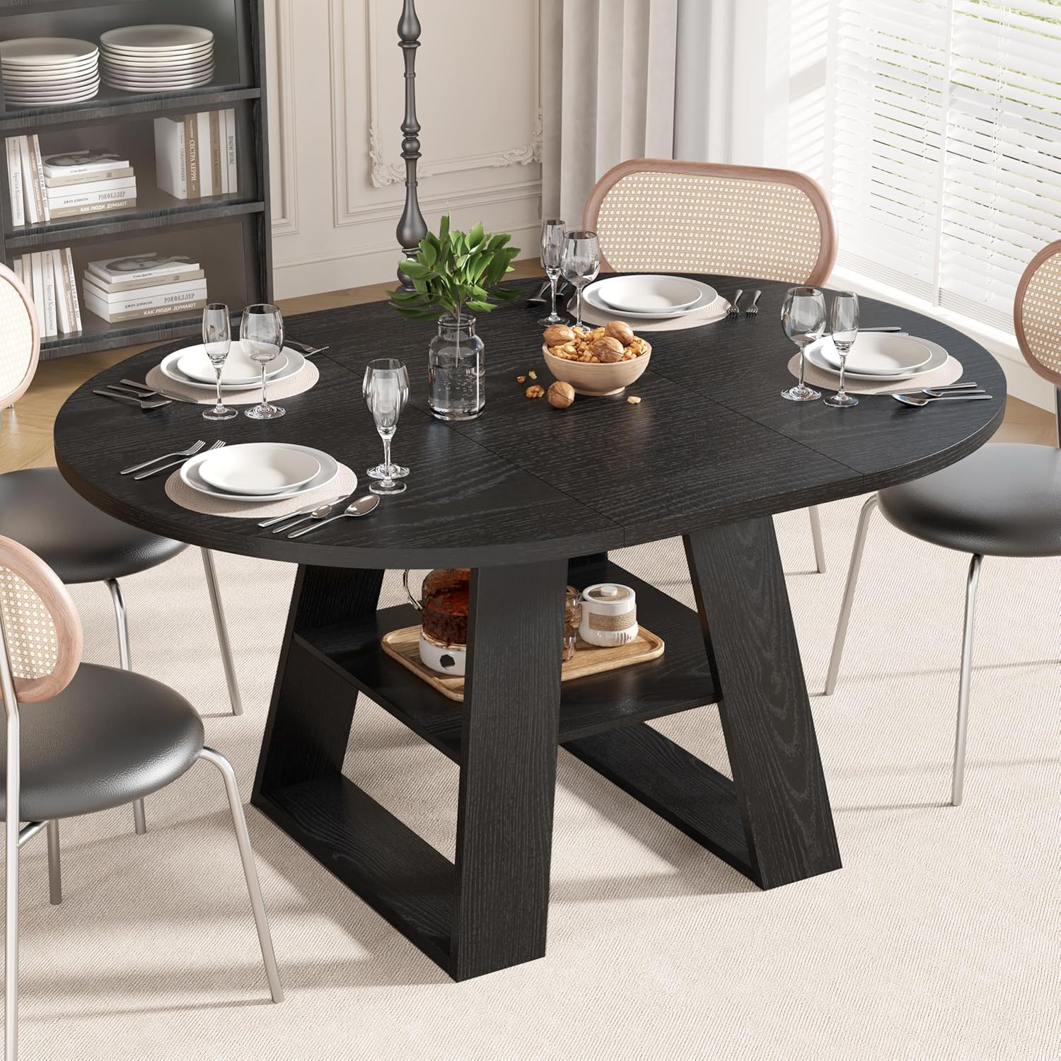 43.3in-59in Extendable Round Dining Table for 2-8,Modern Kitchen Oval Dining Table with Removable Leaves Space Saving