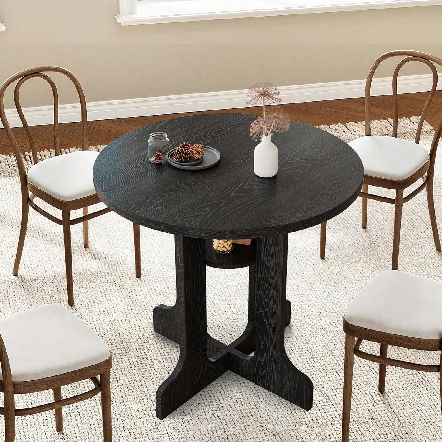 31.5 Inch Round Dining Table, Modern Small Kitchen Table for 2-4, Wooden Dining Room Table Base with Storage Shelf