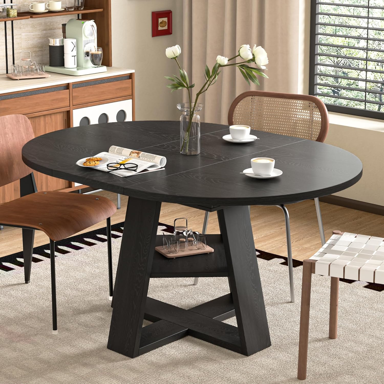 43.3in-59in Extendable Round Dining Table for 4-8,Modern Kitchen Oval Dining Table with Removable Leaves Space Saving
