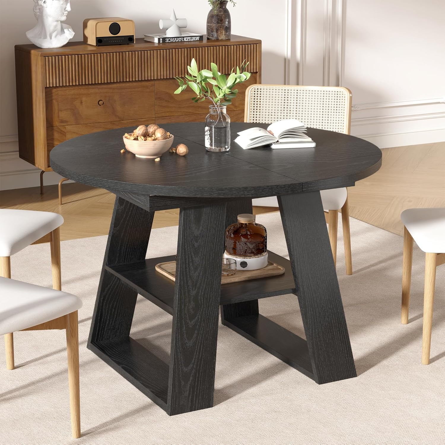 43.3in-59in Extendable Round Dining Table for 2-8,Modern Kitchen Oval Dining Table with Removable Leaves Space Saving
