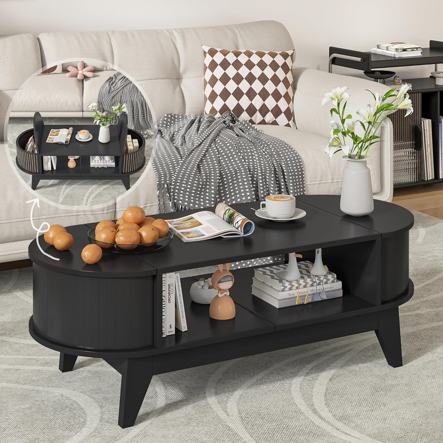 Coffee Table with 2 Hidden Storage, Mid Century Modern Coffee Table with Fluted Finish