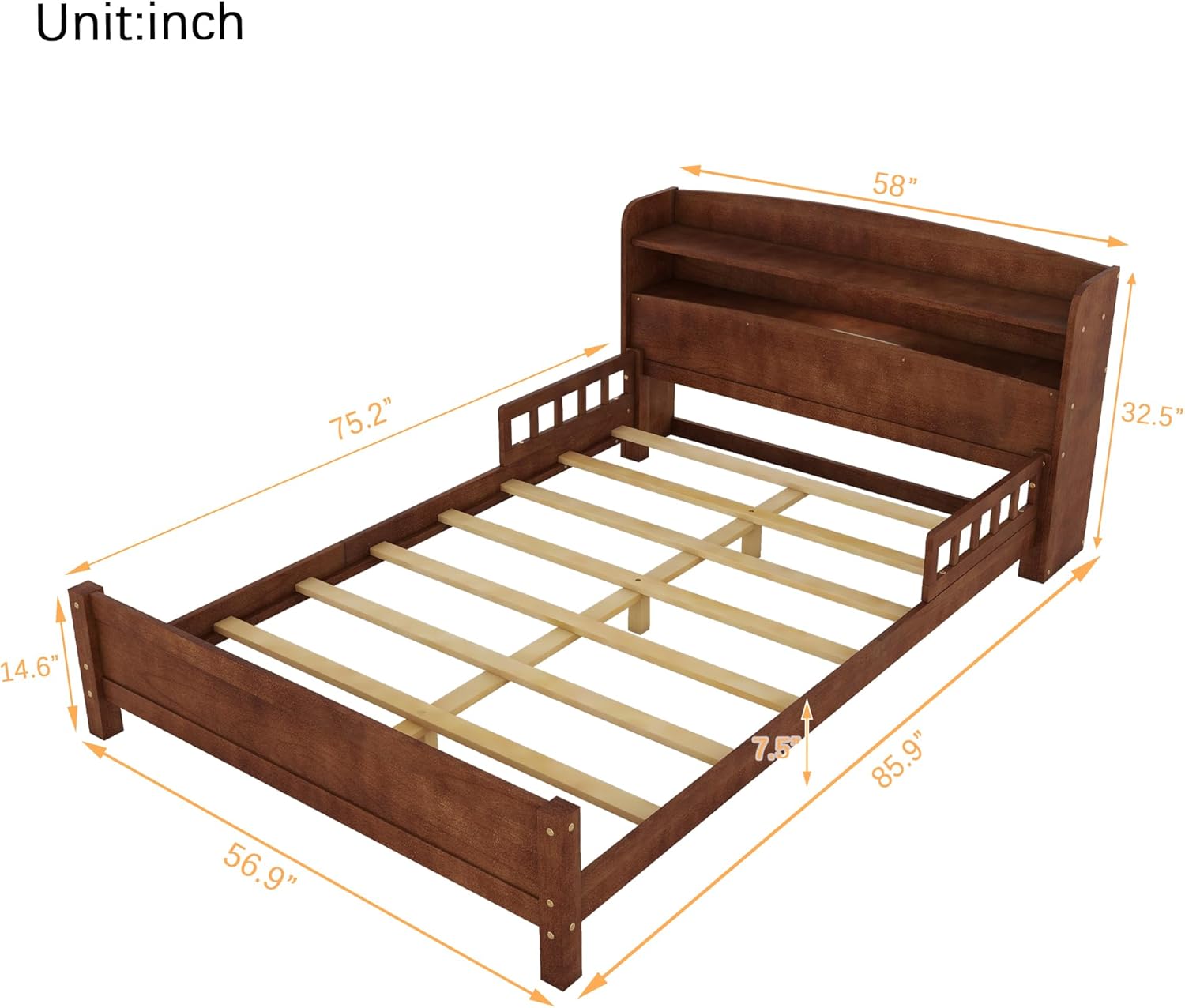Full Size Bed Frame with Bookcase Headboard
