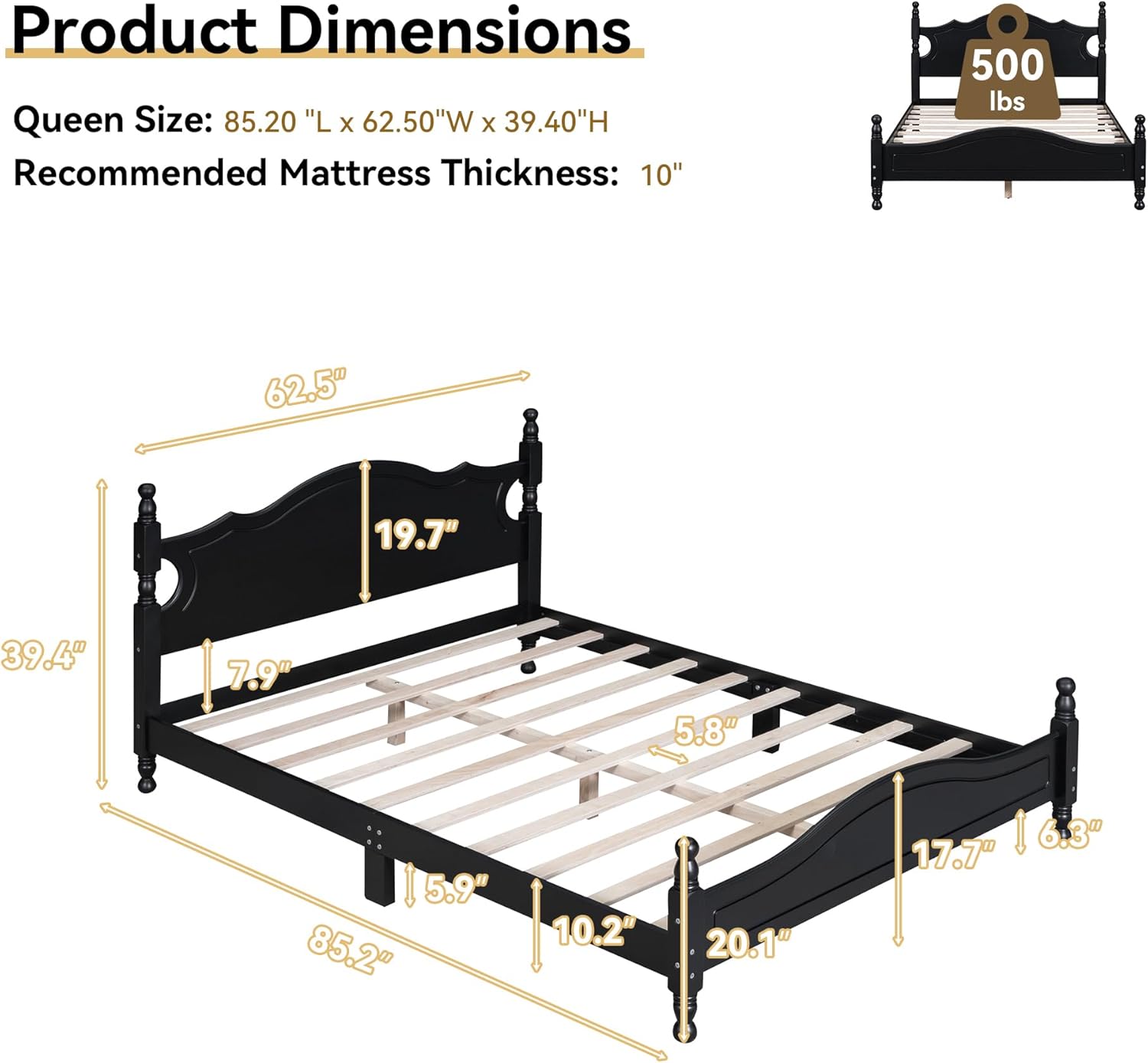 Black Wood Bed Frame with Vintage Headboard