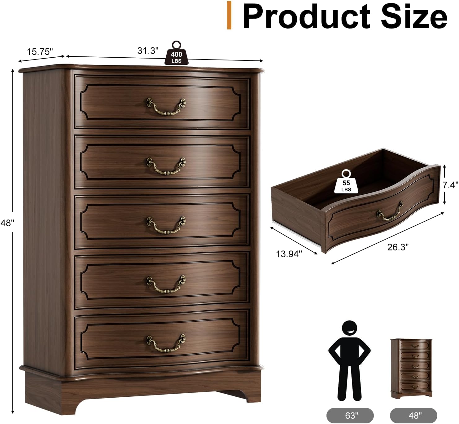 5 Drawer Dresser Set of 2 for Bedroom