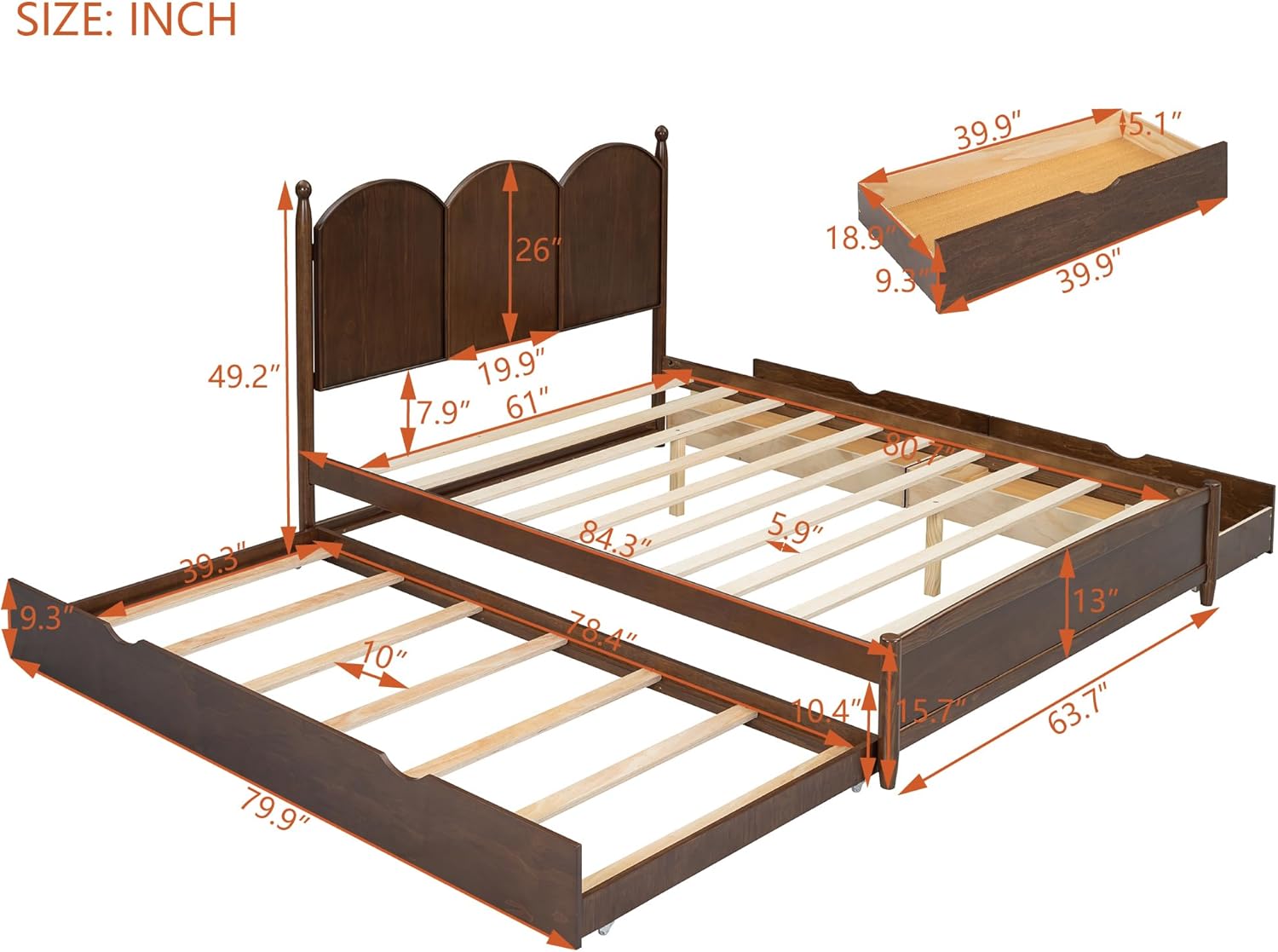 Queen Trundle Bed with with Twin XL Size Trundle and 2 Drawers