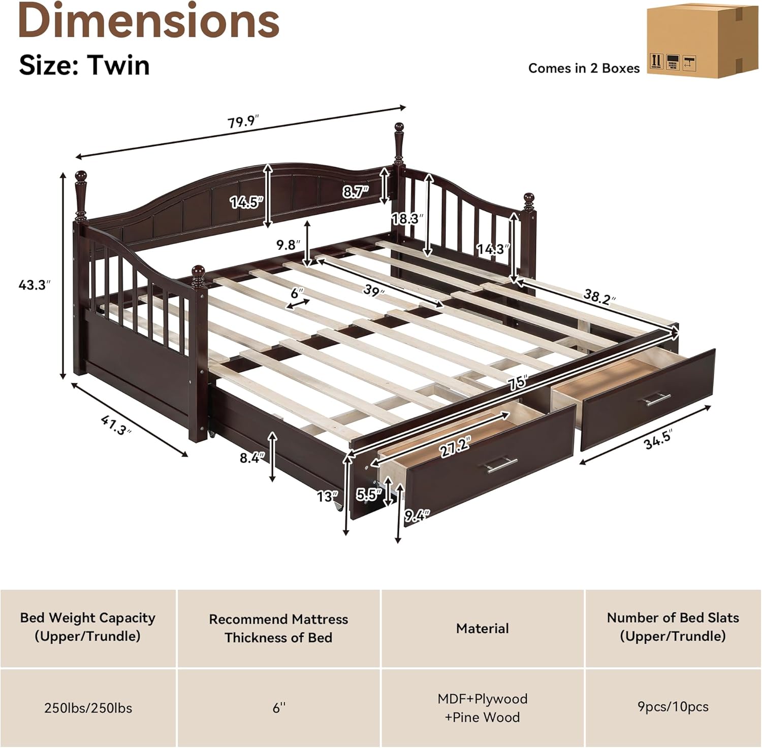 Twin Size Espresso Daybed with Pop Up Trundle for Adults