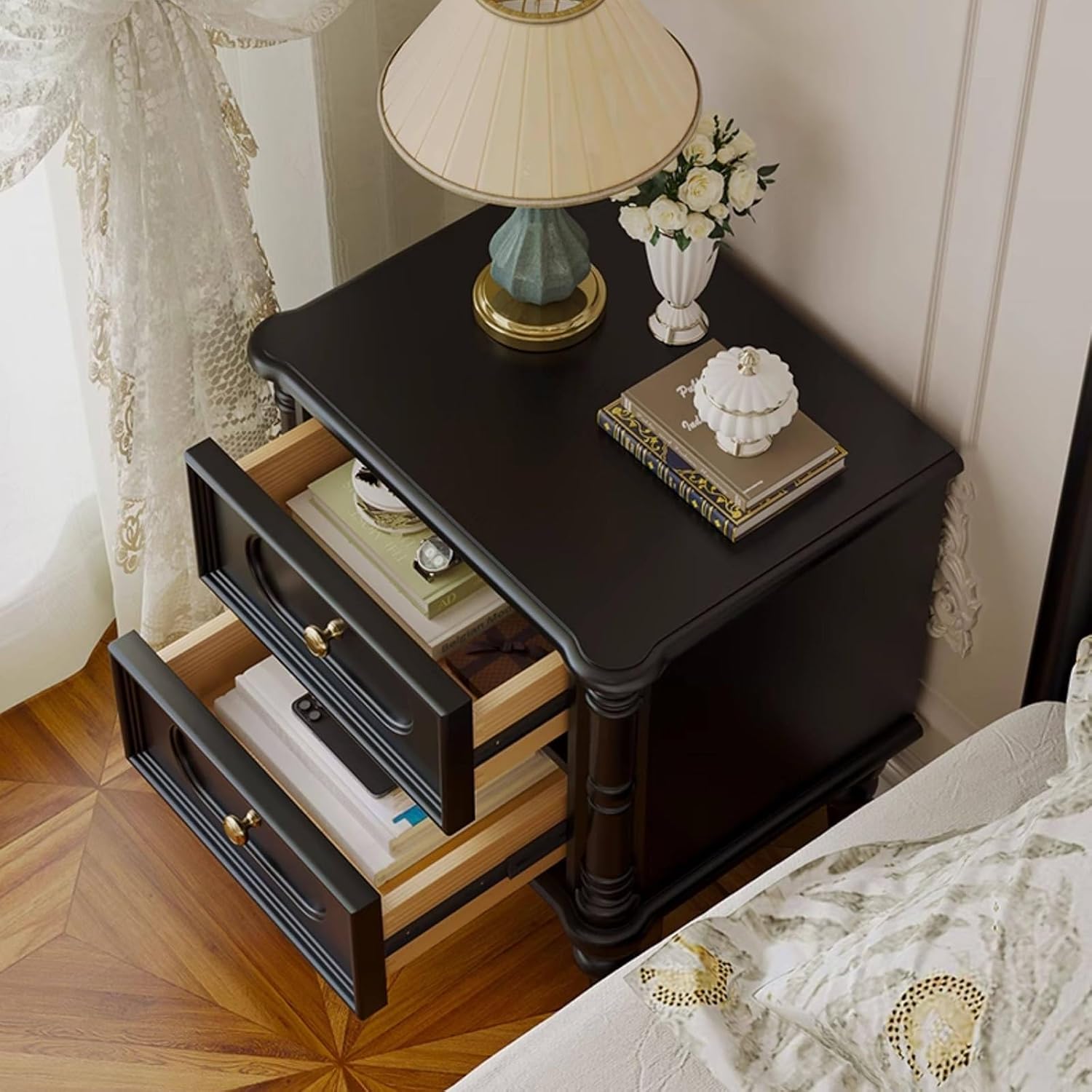 Solid Wood Nightstand with 2 Storage Drawers