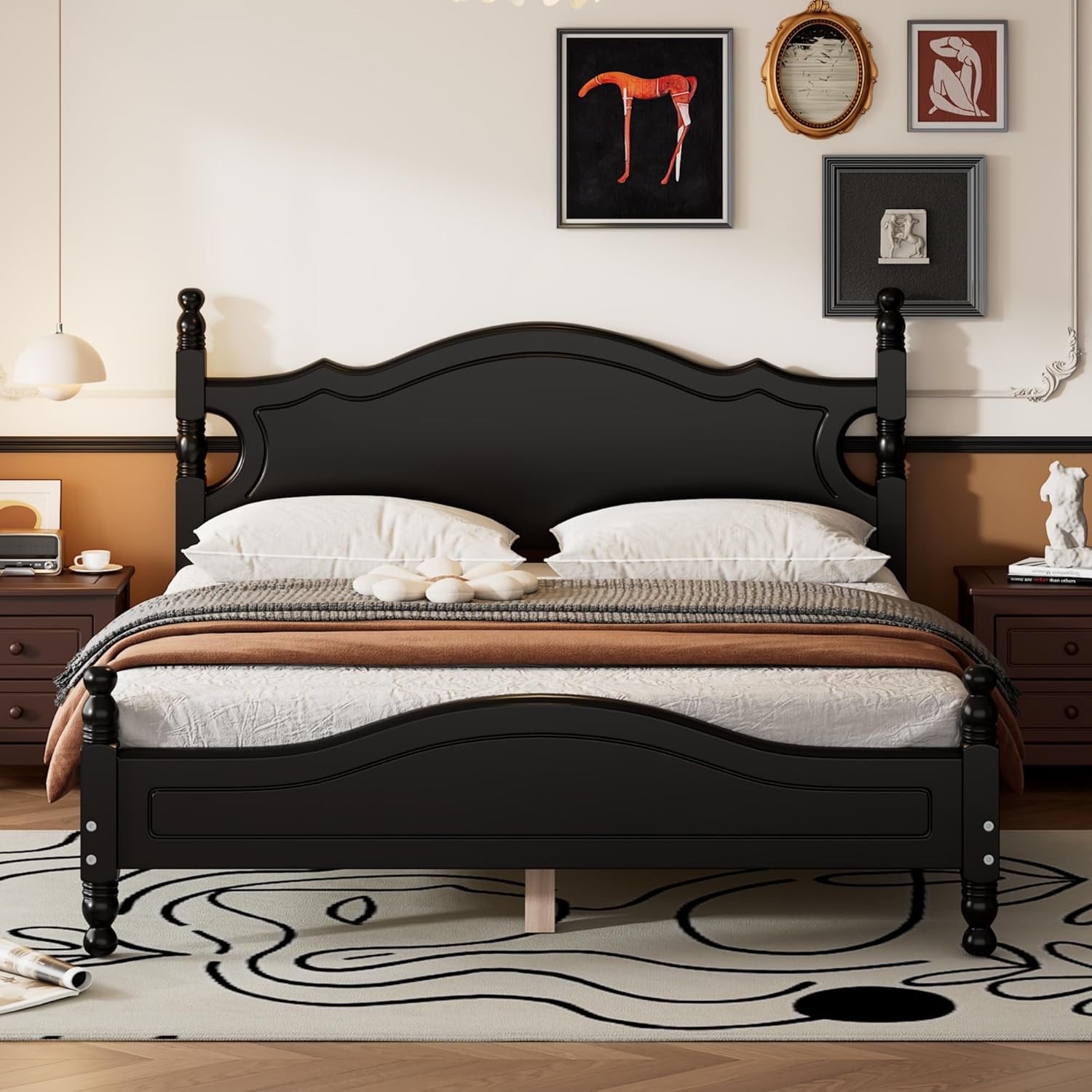 Black Wood Bed Frame with Vintage Headboard