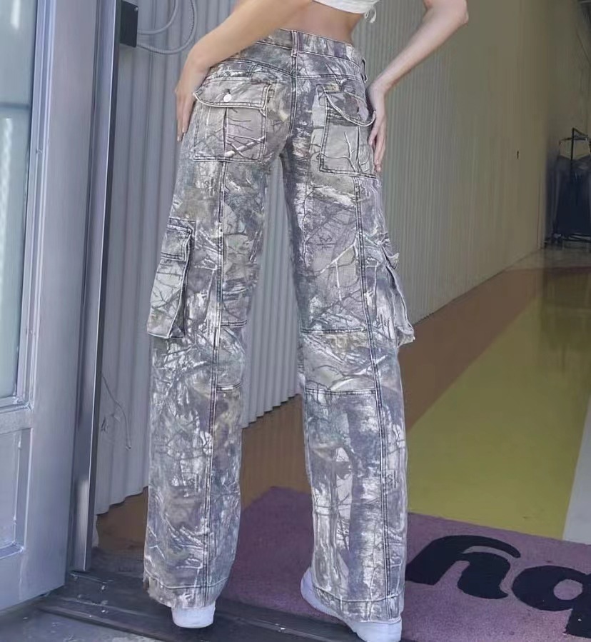 Camouflage Cargo Jeans, Loose Straight, Streetwear