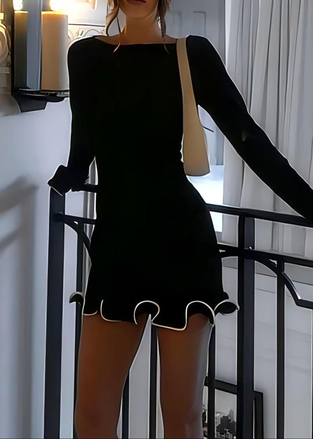 Wavy Long Sleeve Mini Dress In Black