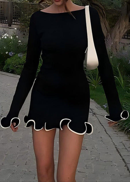 Wavy Long Sleeve Mini Dress In Black