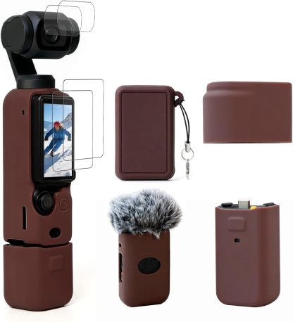 Case for  Osmo Pocket 3/Xtra Muse Camera, Soft Silicone Protective Case, Anti-Scratch, Slim Fit Skin with mic Cover and Screen Protector Accessories for Osmo Pocket 3/Xtra Muse (Brown)