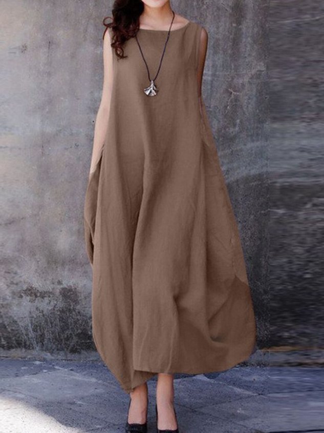 Women Plain Summer Dress Crew Neck Sleeveless O-Line Dress