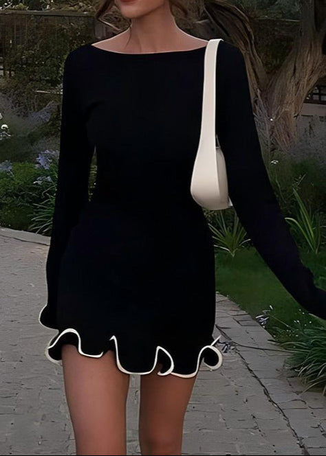 Wavy Long Sleeve Mini Dress In Black