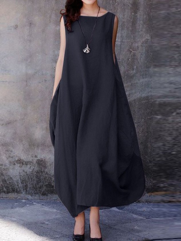 Women Plain Summer Dress Crew Neck Sleeveless O-Line Dress