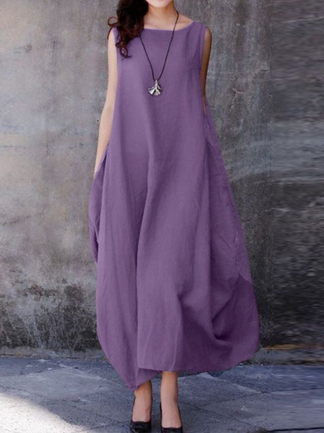 Women Plain Summer Dress Crew Neck Sleeveless O-Line Dress