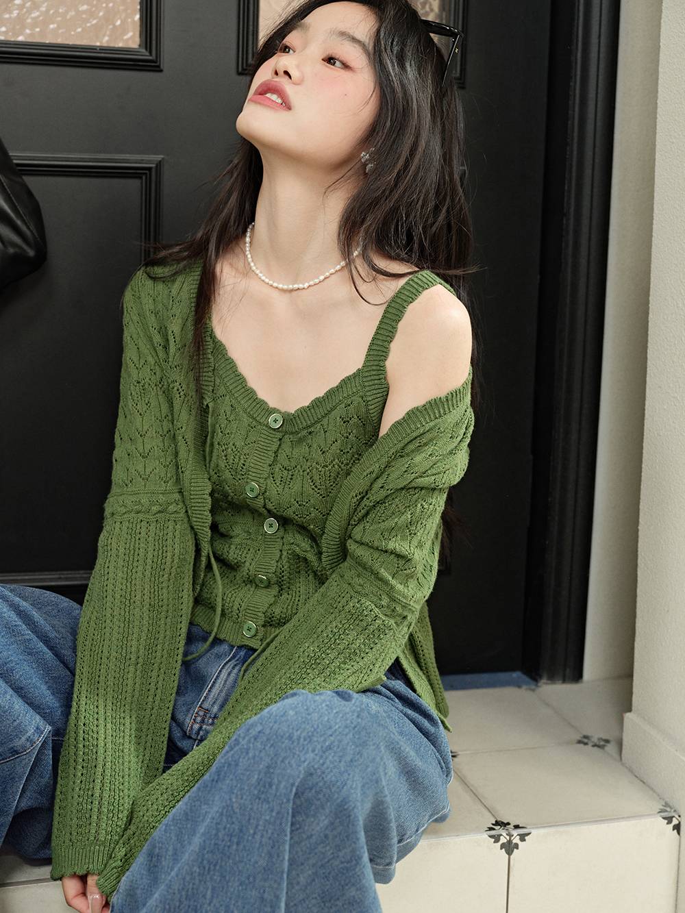Green Cardigan and Cami