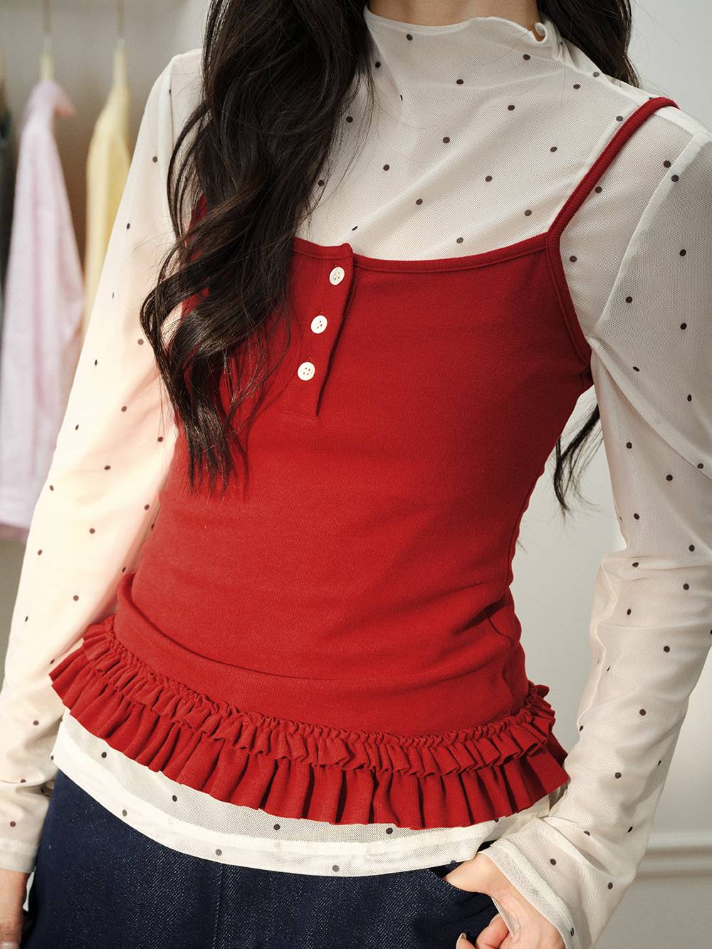 Sheer Polka Dot Long-Sleeve Top