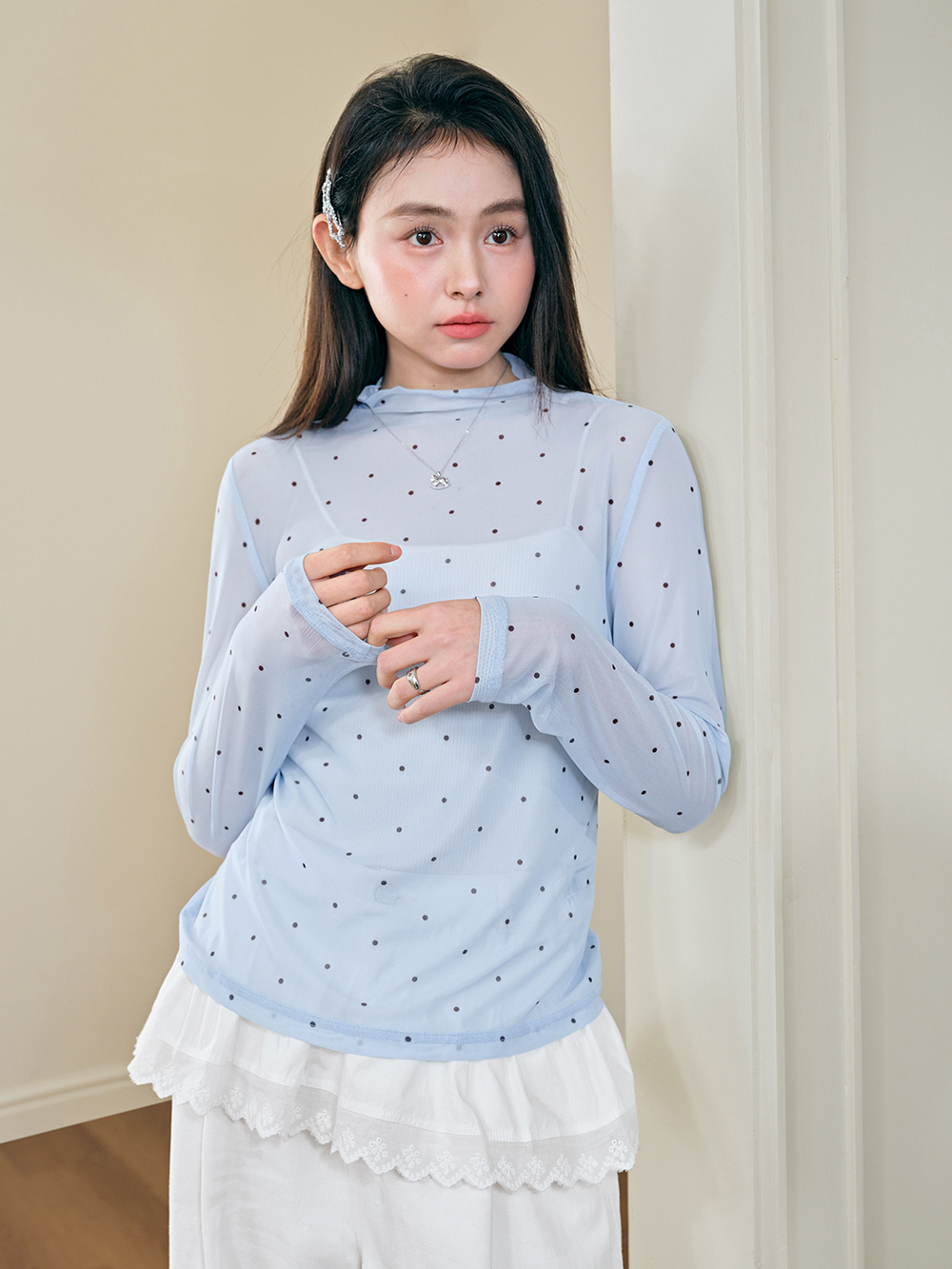 Sheer Polka Dot Long-Sleeve Top