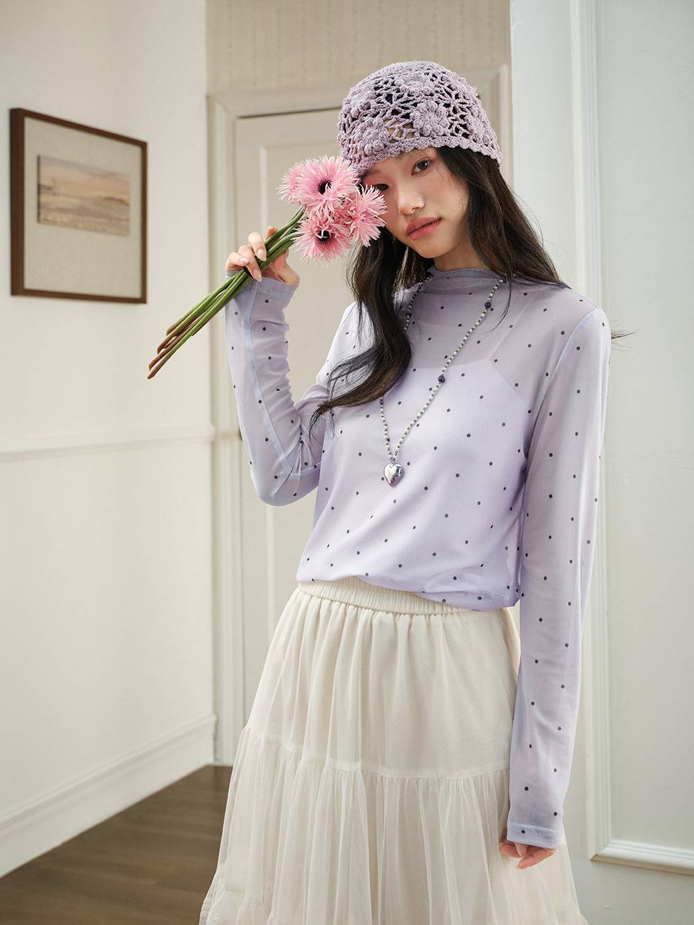 Sheer Polka Dot Long-Sleeve Top