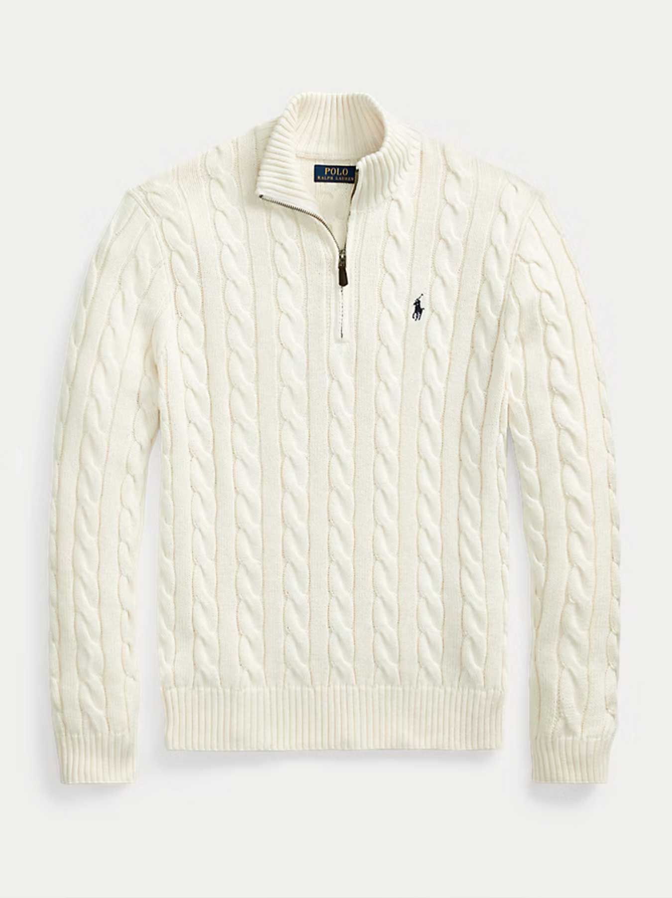- Cable-Knit Cotton Sweater With Zipper White