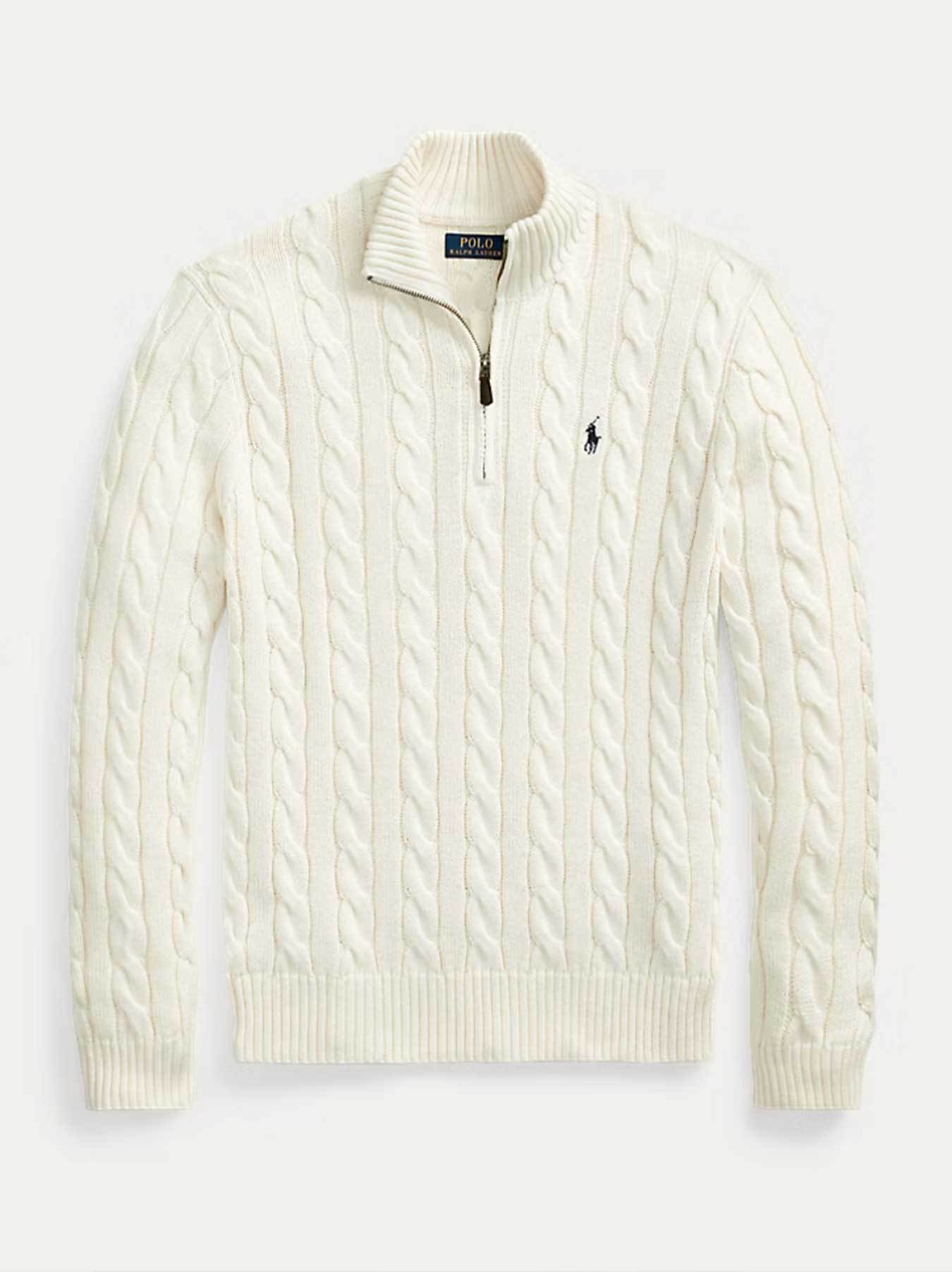 - Cable-Knit Cotton Sweater With Zipper White