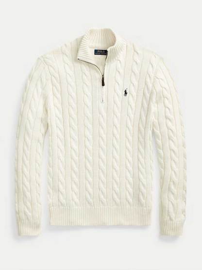 - Cable-Knit Cotton Sweater With Zipper White