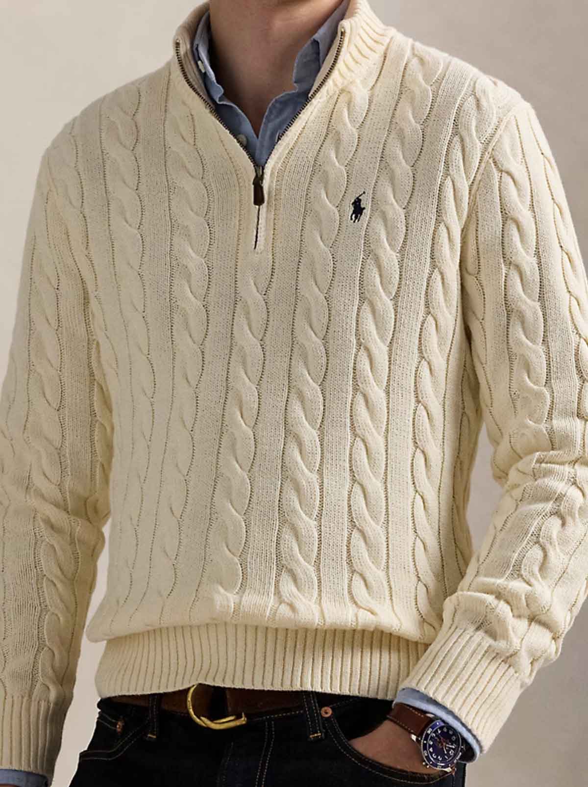 - Cable-Knit Cotton Sweater With Zipper White