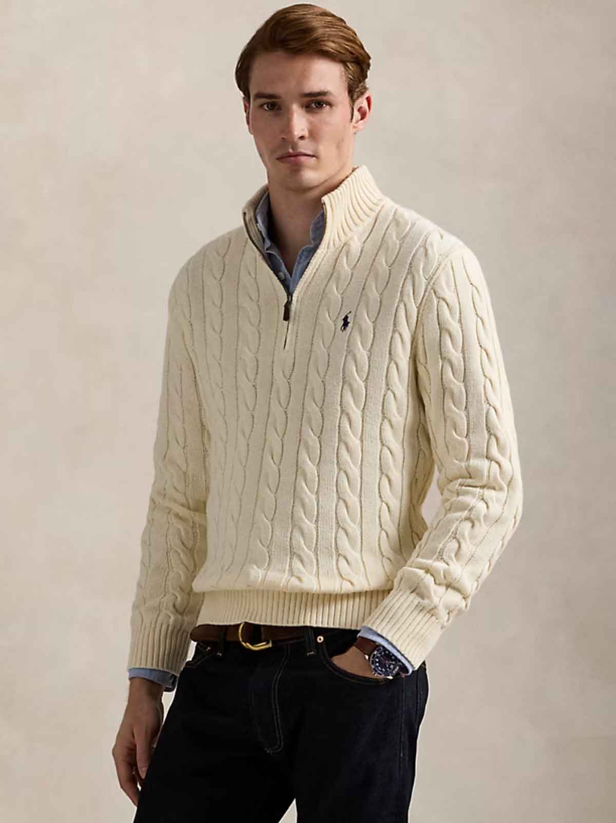 - Cable-Knit Cotton Sweater With Zipper White