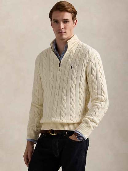 - Cable-Knit Cotton Sweater With Zipper White