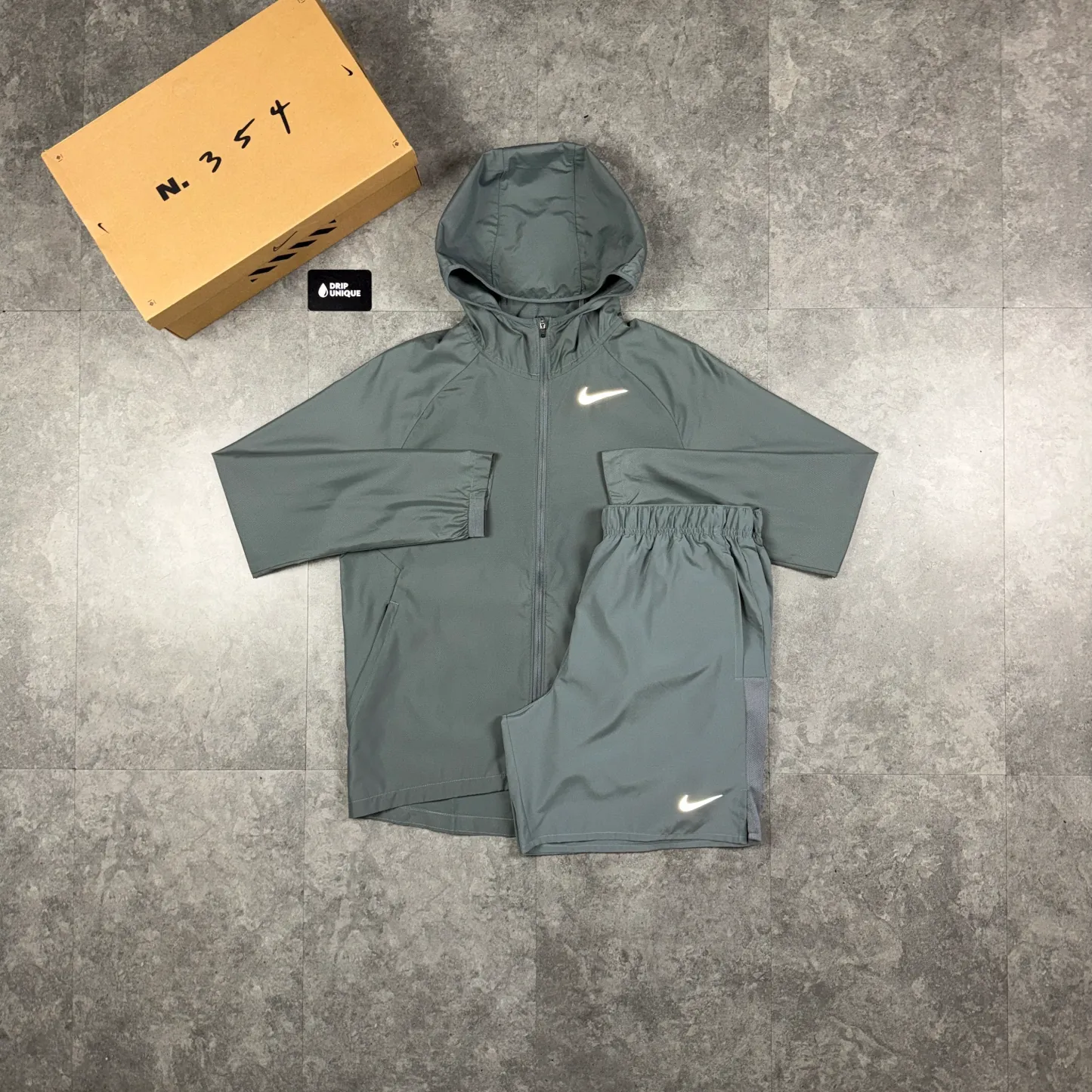 Nike Essential Windrunner Jacket Grey & Grey Challenger Shorts Set