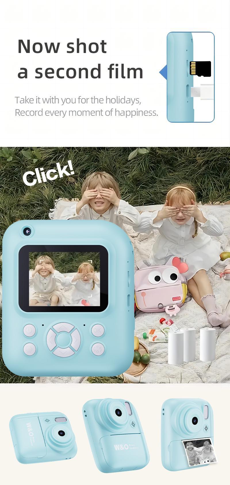 Instant photo DIY printing camera with video recording, photo taking, photo printing DIY, game playing, music listening, 5 major functions