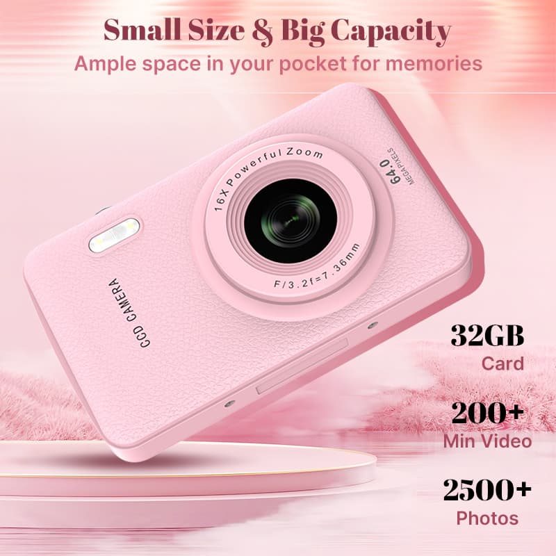 1080P Auto Focus Digital Camera, with 32GMemory Card, Compact Portable Camera, Point and Shoot Camera, 16xZoom, Device, TeenagersBeginners, Teen Girl Boy Gift