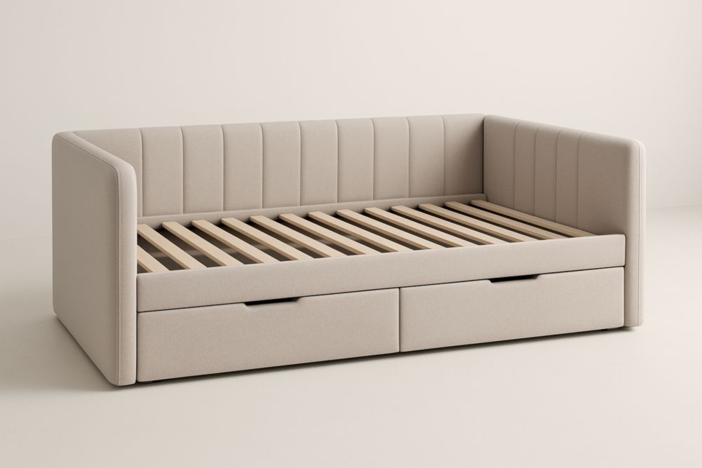 Canapé-lit avec tiroirs en bois et tissu beige