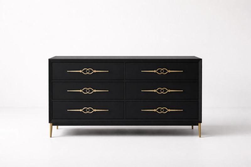 Commode noire 6 tiroirs MDF aluminium doré