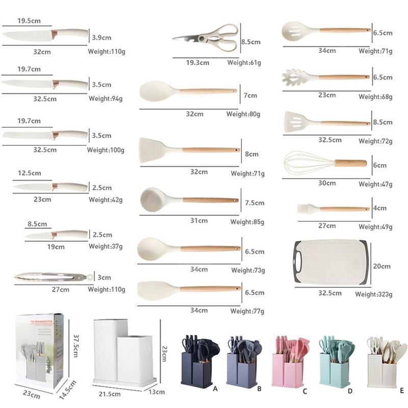 KIRA 19PCS silicone kitchen utensils set Spatula For Non Stick Pan Shovel Wooden Handle Cooking Tools Set Cutting Board