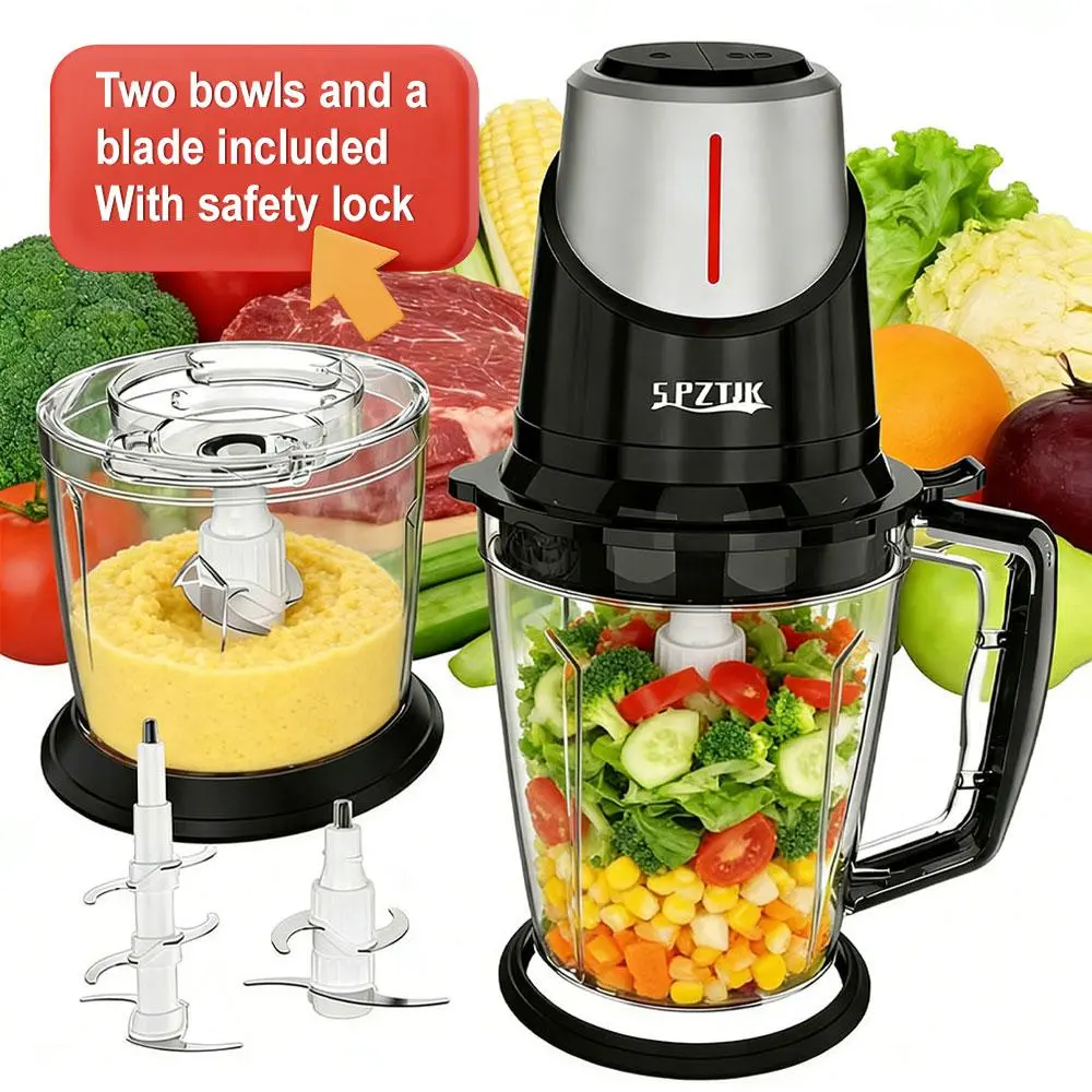 SPZTJK 2L Baby Food Processor & Meat Grinder - 2 Free Dishwasher-Safe Blades & Bowls, Pure Copper Motor for Homemade Puree/Nuts/Meat, BPA-Free & Quiet Design for Family Cooking